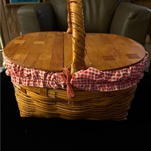Vintage Wicker Picnic Basket with Red Gingham Liner and Double Lid  Never used!